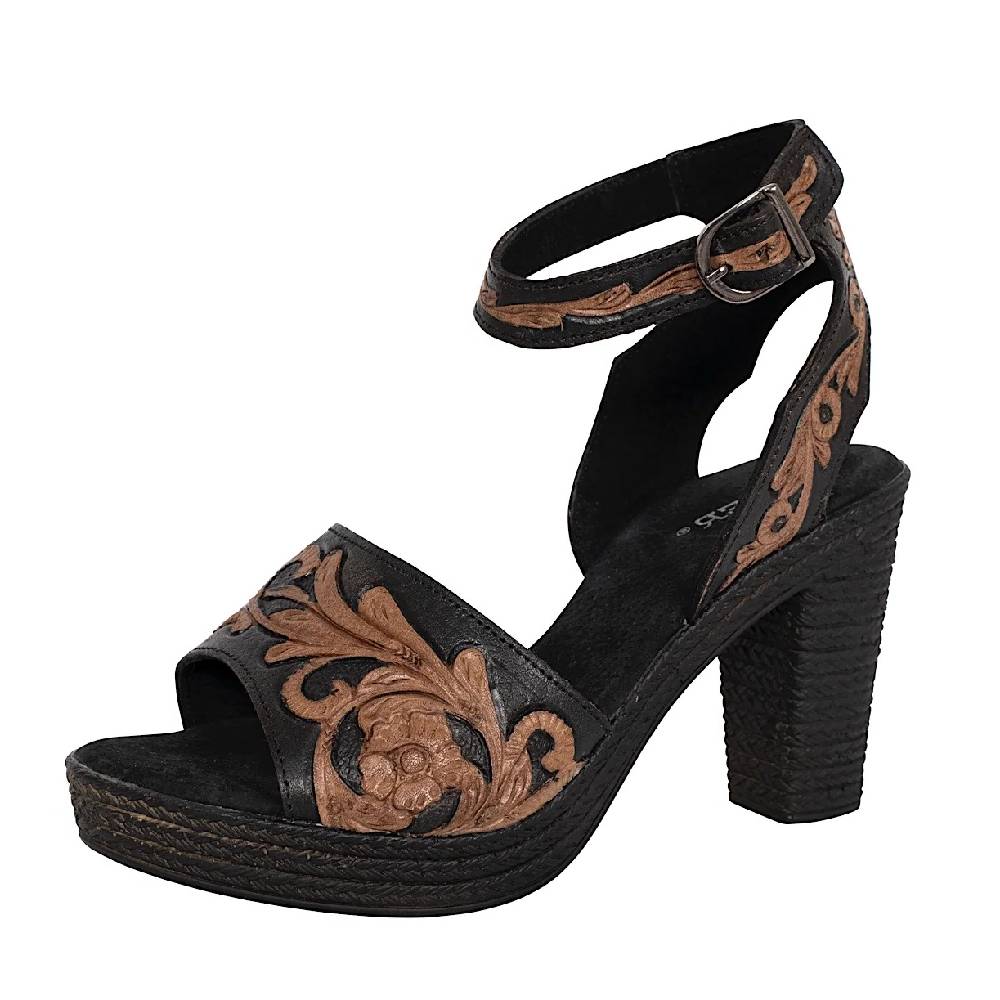 Roper Women's High Tide Black/Brown Tooled Lthr Sandal WOMEN - Footwear - Sandals Roper Apparel & Footwear   