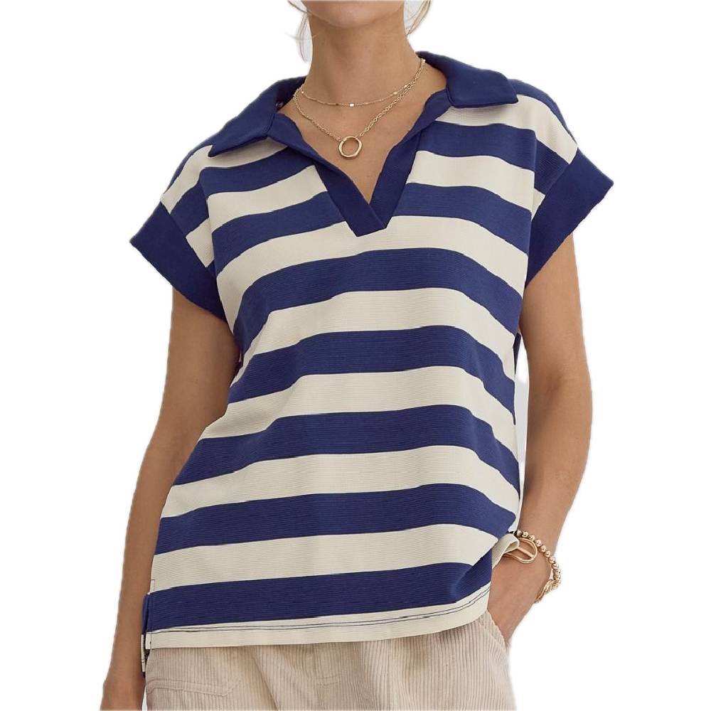 Stripe Collared V-neck Top WOMEN - Clothing - Tops - Short Sleeved Entro   