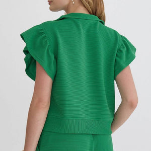Textured Ruffle Sleeve Zipper Top WOMEN - Clothing - Tops - Short Sleeved Entro   