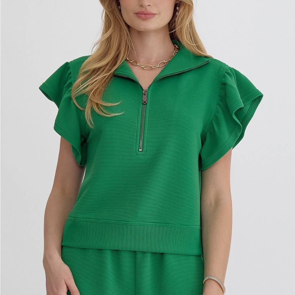 Textured Ruffle Sleeve Zipper Top WOMEN - Clothing - Tops - Short Sleeved Entro   