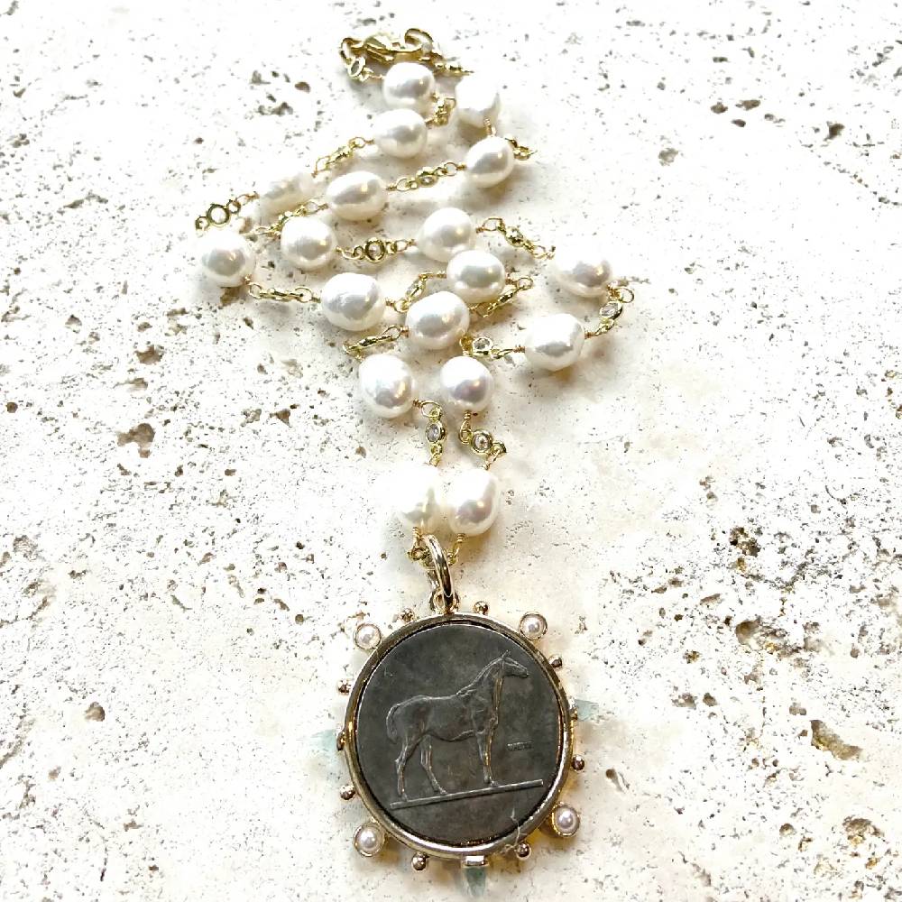 French Coin Horse w/Fresh Water Pearls Necklace - 20" WOMEN - Accessories - Jewelry - Necklaces VB&CO Designs   