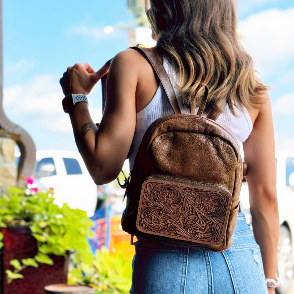 Scout Leather Co. Annie Tooled Single Pocket Backpack - Tan ACCESSORIES - Luggage & Travel - Backpacks & Belt Bags Scout Leather Goods   
