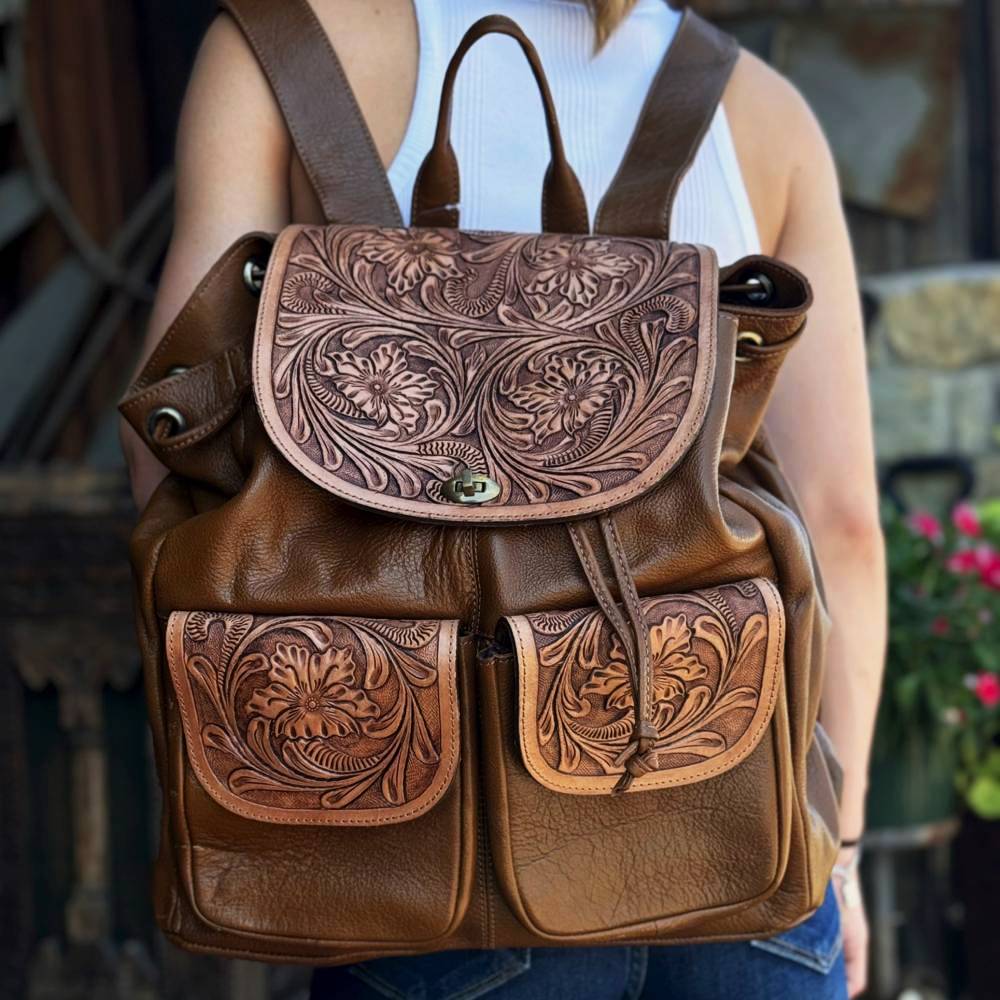 Scout Adac Rucksack Scout Leather Co. Ada Tooled Two Pocket Backpack - Brown - Teskeys