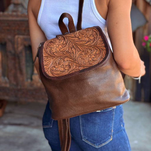 Scout Leather Co. Daisy Tooled Zipper Top Backpack - Brown ACCESSORIES - Luggage & Travel - Backpacks & Belt Bags Scout Leather Goods   