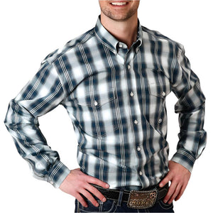 Roper Men's Button Down Plaid Western Shirt - Blue MEN - Clothing - Shirts - Long Sleeve Roper Apparel & Footwear