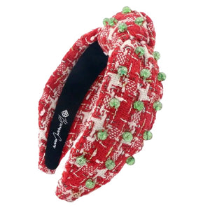 Red And White Tweed Headband w/ Green Glass Beads WOMEN - Accessories - Hair Accessories Brianna Cannon   