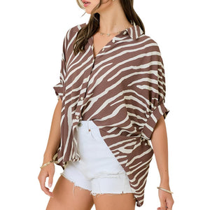 Oversize Zebra Print Button Down Top