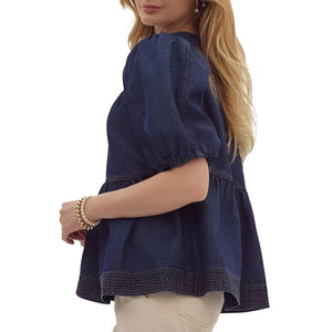 Bubble Sleeve Denim Top WOMEN - Clothing - Tops - Short Sleeved Entro   