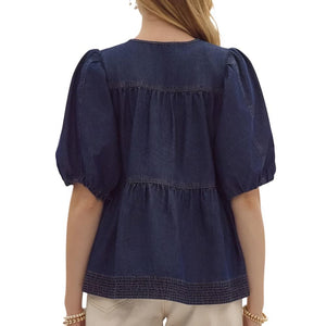 Bubble Sleeve Denim Top WOMEN - Clothing - Tops - Short Sleeved Entro   