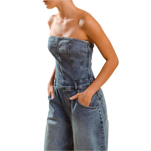 Strapless Barrel Leg Denim Jumpsuit WOMEN - Clothing - Jumpsuits & Rompers So Me   