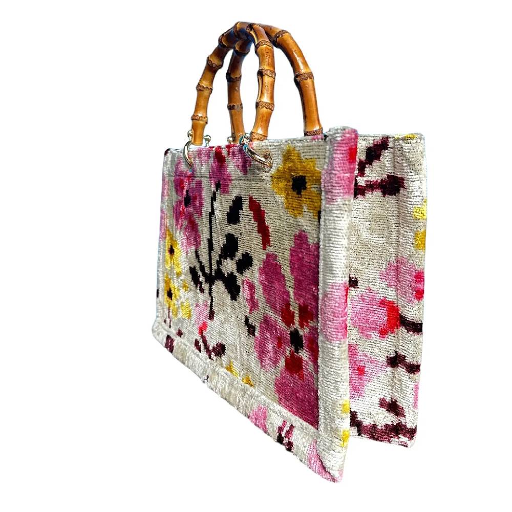 Sakura Silk Velvet Ikat Bamboo Handle Small Tote WOMEN - Accessories - Handbags - Tote Bags Ayca Design