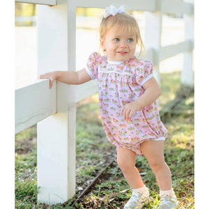 Ruth and Ralph Pink Cowgirl Toile Pima Hallie Bubble Romper