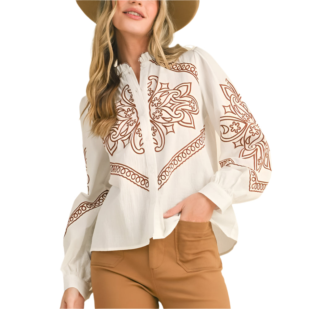 Embroidered Button Up Blouse WOMEN - Clothing - Tops - Long Sleeved En Merci