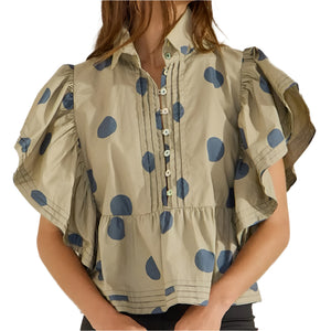 Polka Dot Top - Taupe/Navy WOMEN - Clothing - Tops - Short Sleeved Bucket List