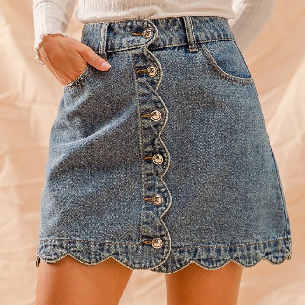 Scallop Button Front Denim Skirt WOMEN - Clothing - Skirts So Me