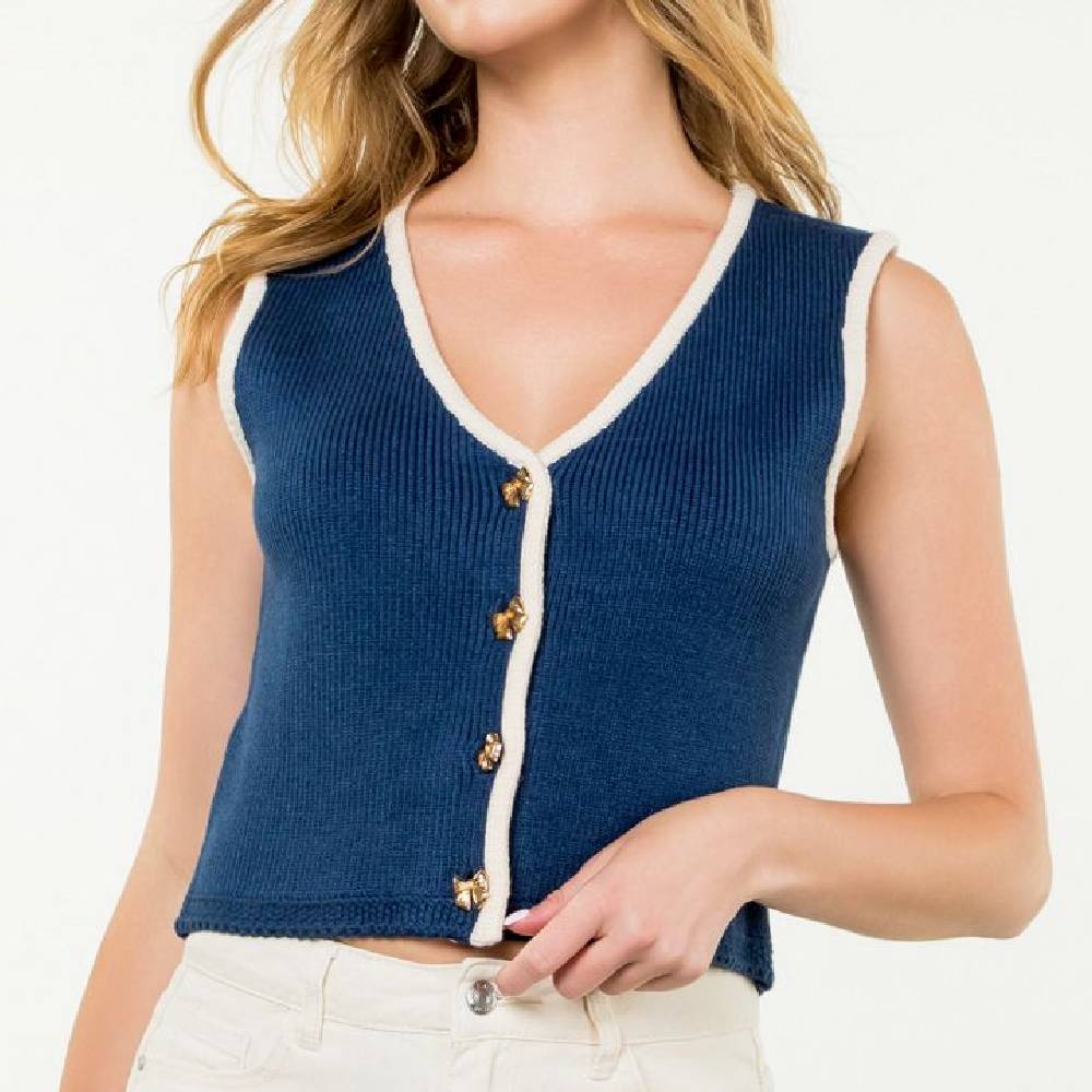 Sleeveless Ribbon Button Knit Top