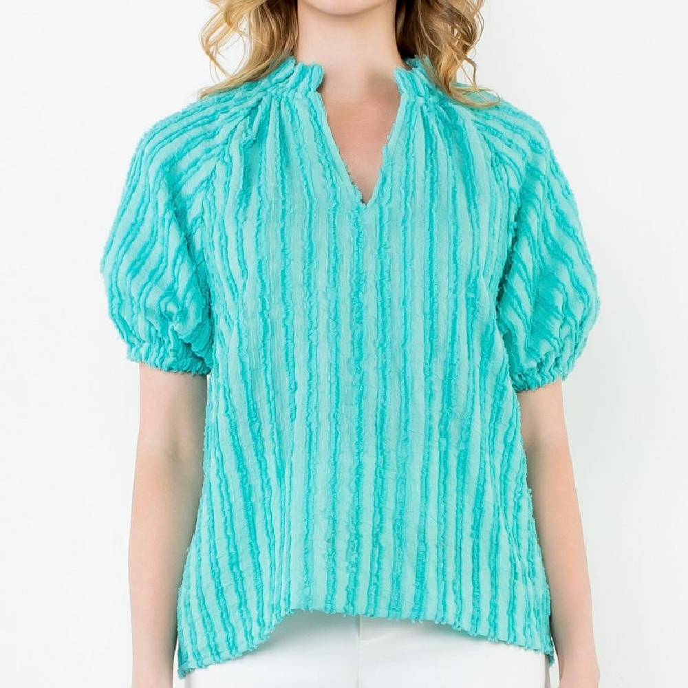 Puff Sleeve Textured V-Neck Top WOMEN - Clothing - Tops - Short Sleeved THML Clothing