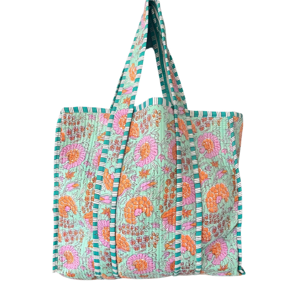 Quilted Kantha Floral Tote - Orange/Turquoise WOMEN - Accessories - Handbags - Tote Bags Bhawana Handicrafts