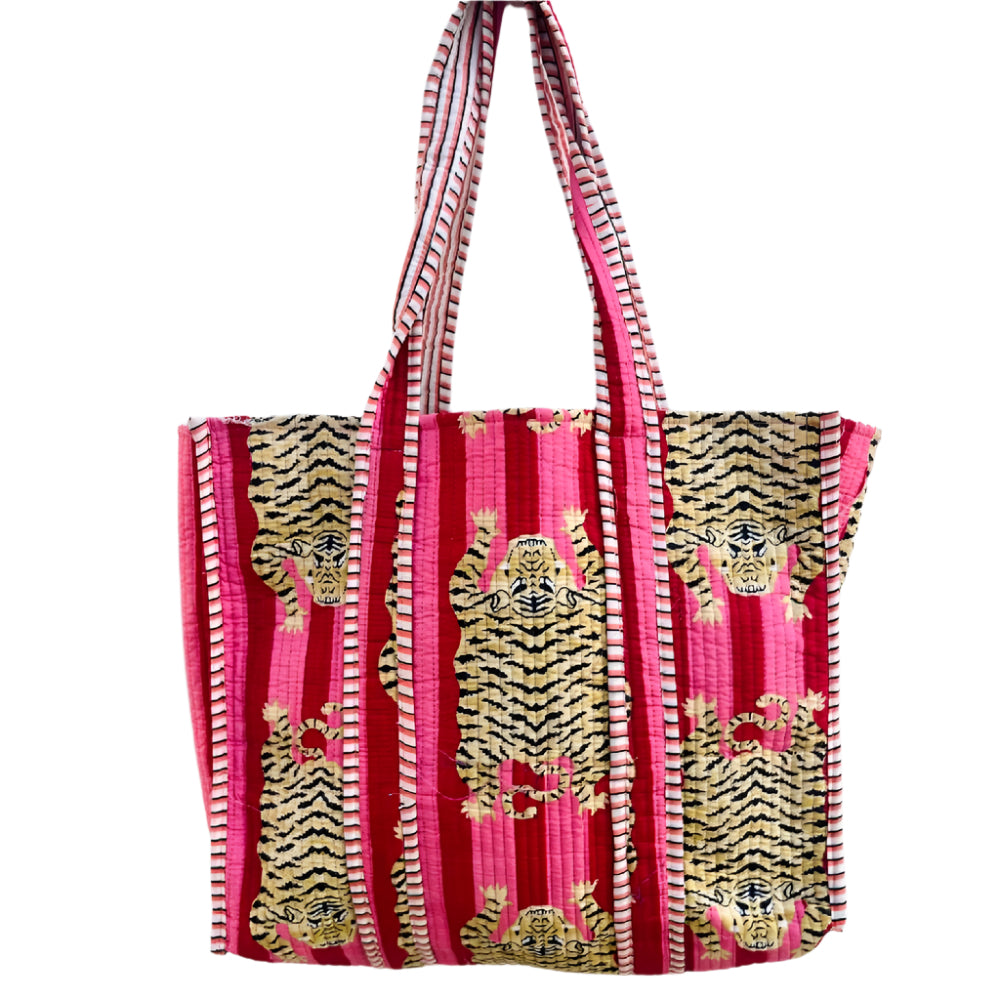 Quilted Tote Bag - Pink/Red Striped Cheetah WOMEN - Accessories - Handbags - Tote Bags Bhawana Handicrafts