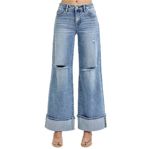 Risen Tummy Control Mid Rise Wide Cuffed Jeans