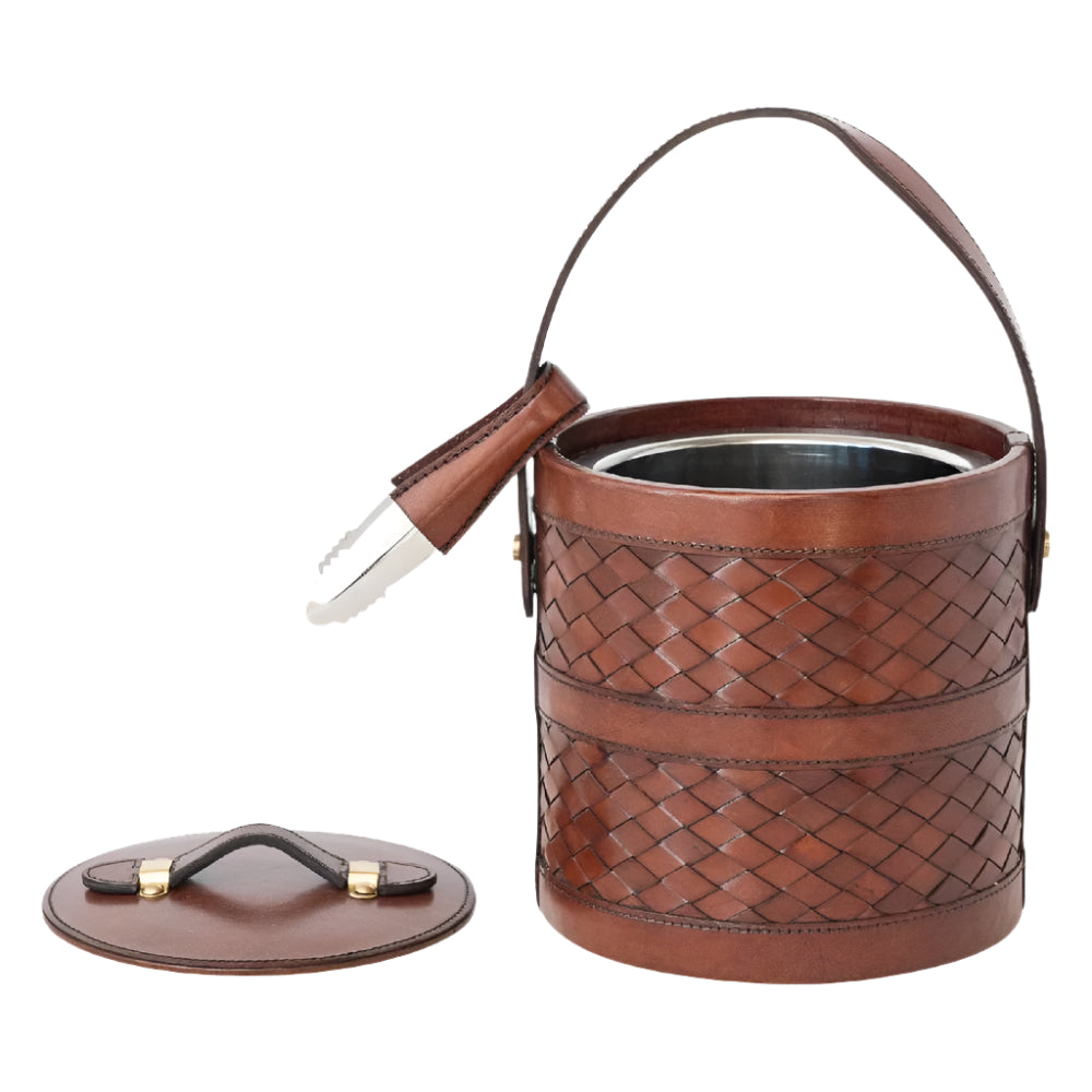 Woven Leather Cognac and Stainless Steel Ice Bucket With Tongs HOME & GIFTS - Tabletop + Kitchen - Bar Accessories Creative Co-Op