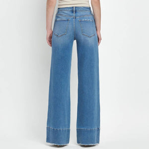 High Rise Raw Hem Wide A Line Jeans