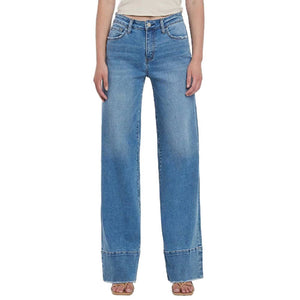 High Rise Raw Hem Wide A Line Jeans