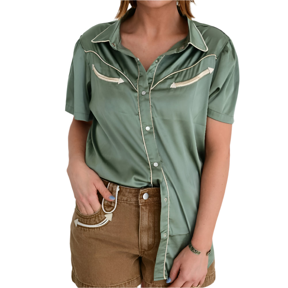 Howdy Hanny Arrow Pearl Snap Shirt - Sage WOMEN - Clothing - Tops - Short Sleeved Howdy Hanny