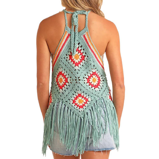 Rock & Roll Denim Women's Crochet Fringe Halter Top WOMEN - Clothing - Tops - Sleeveless Panhandle