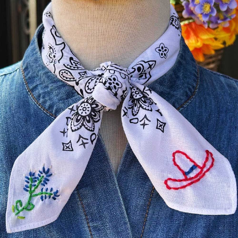 Big Hat and Bluebonnets Bandana - White WOMEN - Accessories - Scarves & Wraps Pradera Purveyors of the West