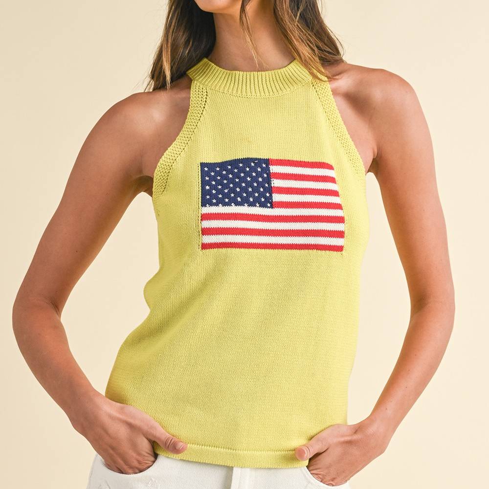 American Flag Halter Sweater Top - Lime WOMEN - Clothing - Tops - Sleeveless Anniewear