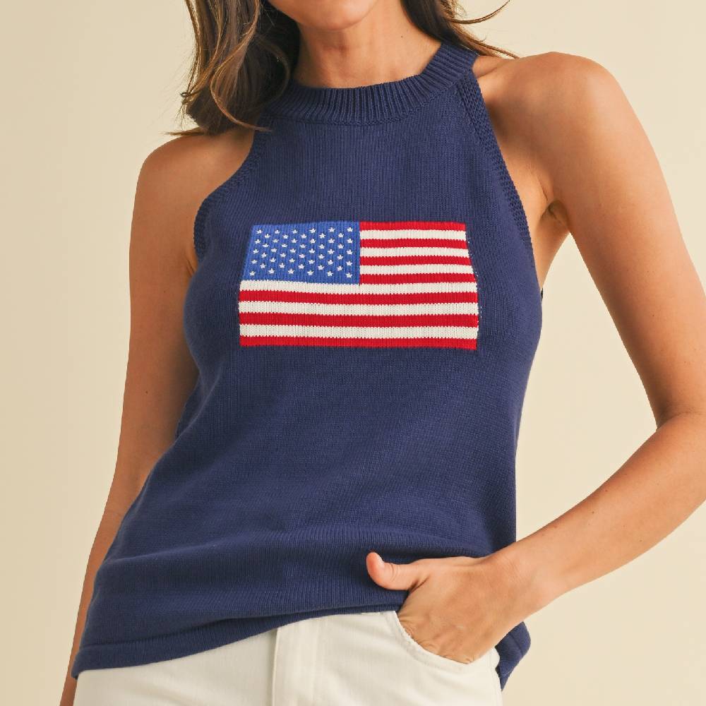 American Flag Halter Sweater Top - Navy WOMEN - Clothing - Tops - Sleeveless Anniewear