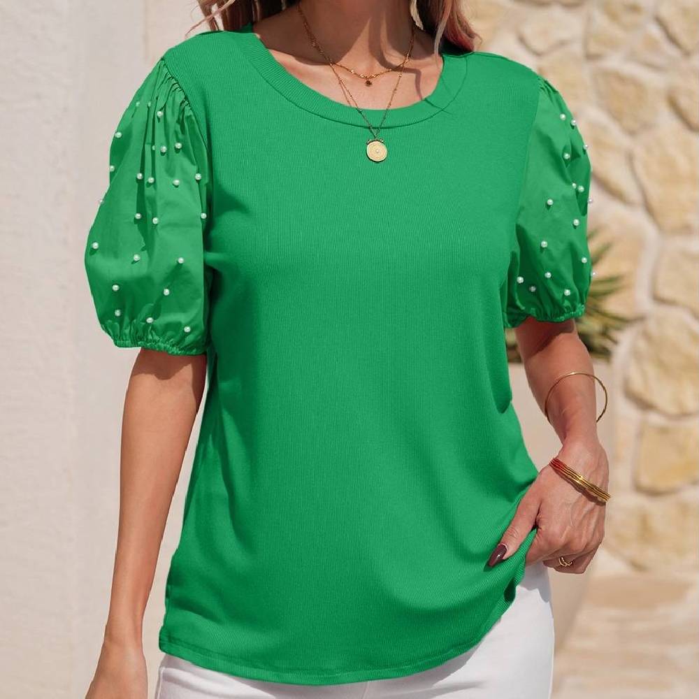 Ribbed Pearl Beaded Sleeve Top WOMEN - Clothing - Tops - Short Sleeved Little Daisy Closet