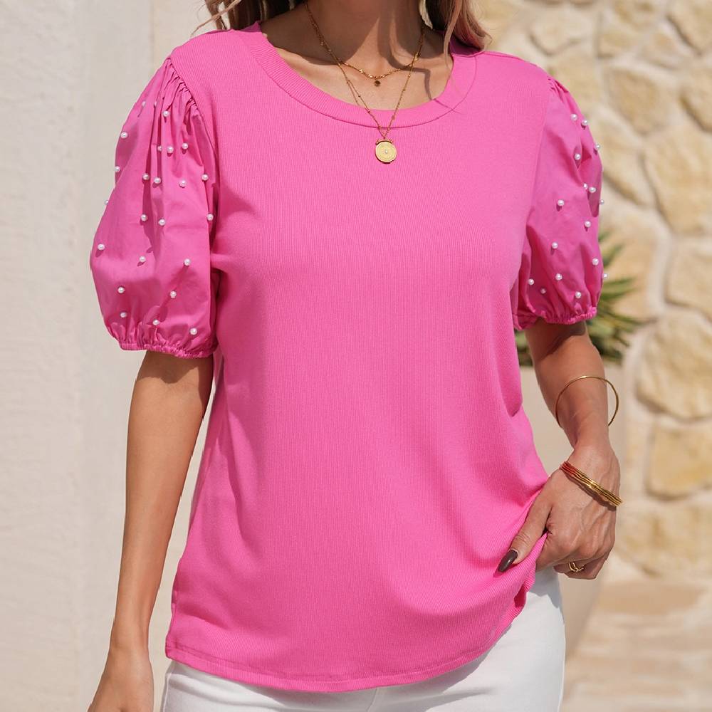 Ribbed Pearl Beaded Sleeve Top WOMEN - Clothing - Tops - Short Sleeved Little Daisy Closet