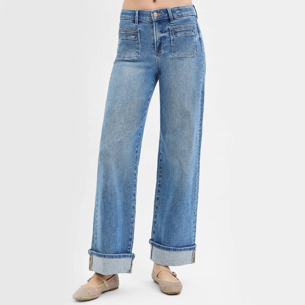 Risen Mid Rise Wide Leg Jeans