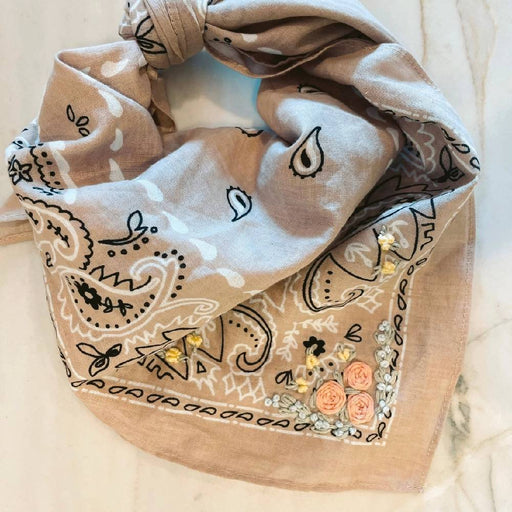 Tan Floral Embroidered Bandana ACCESSORIES - Additional Accessories - Wild Rags & Scarves Little Lamb Designs