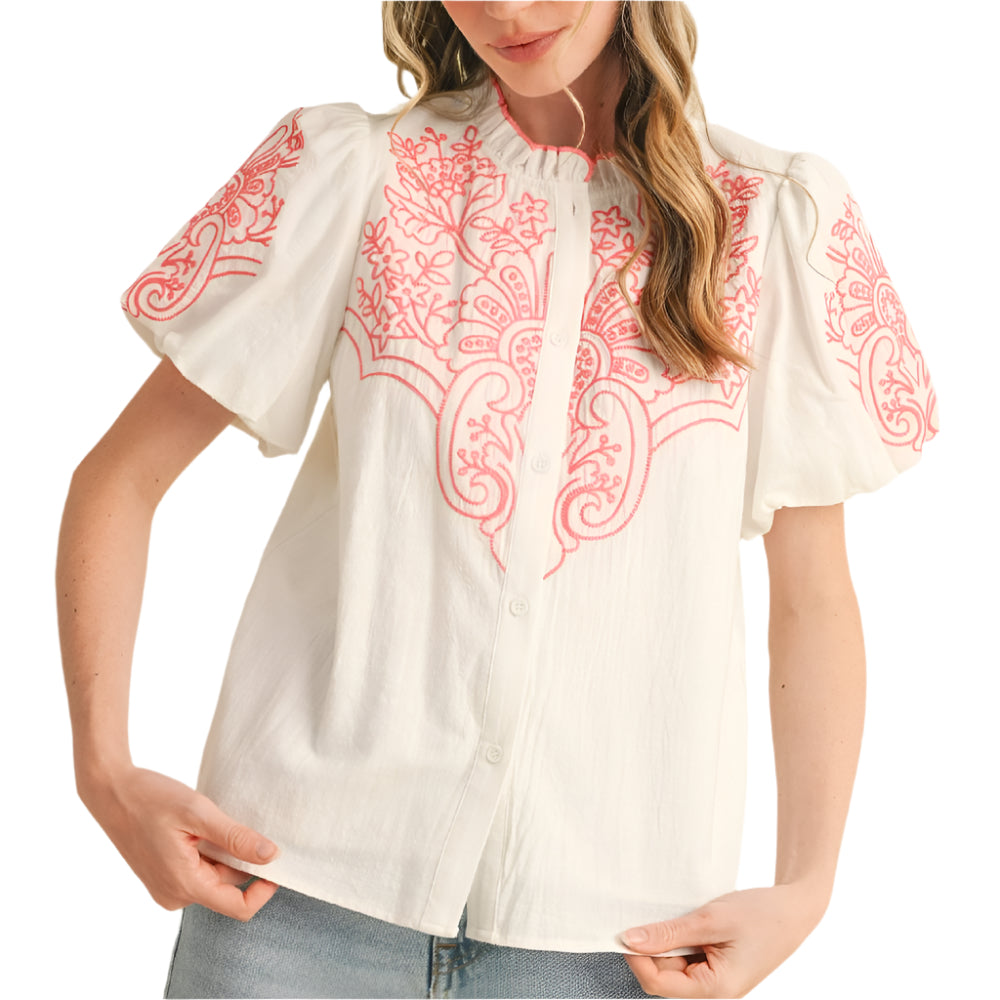 Embroidered Ruffle Bubble Sleeve Top