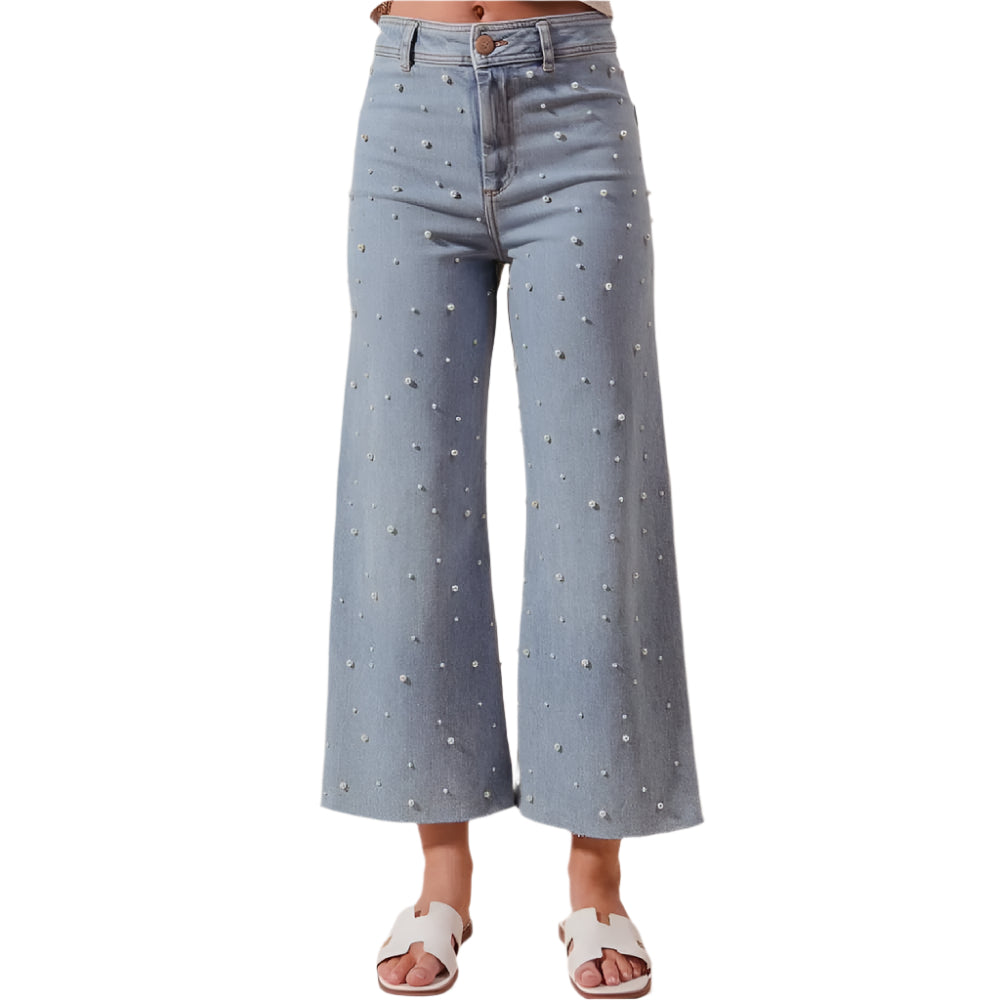 Pearl Embellished Wide Leg Jean WOMEN - Clothing - Jeans So Me