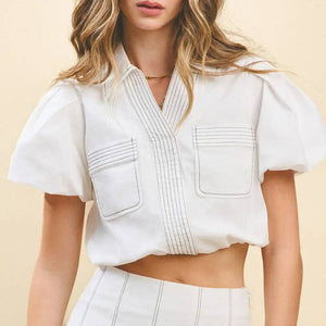 Bubble Sleeve Contrast Stitching Top WOMEN - Clothing - Tops - Short Sleeved TCEC