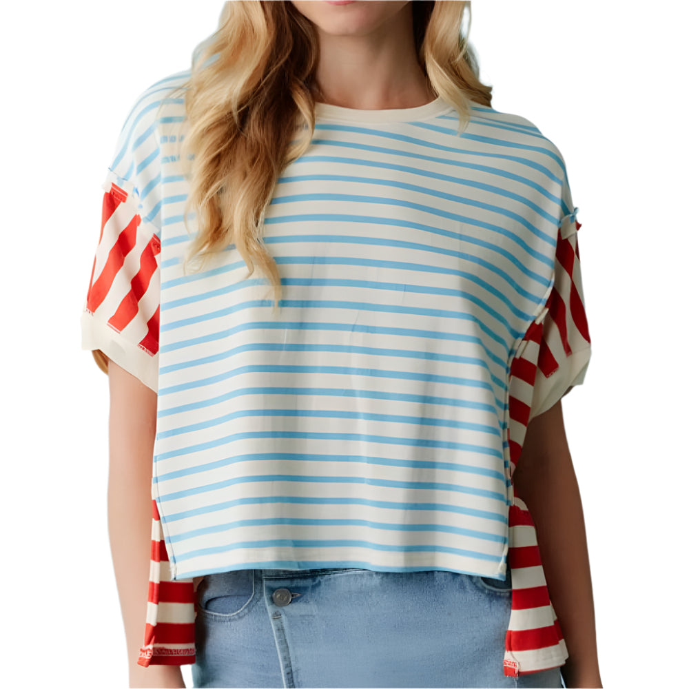 Multi Stripe Color Block Crop Light Blue/Red