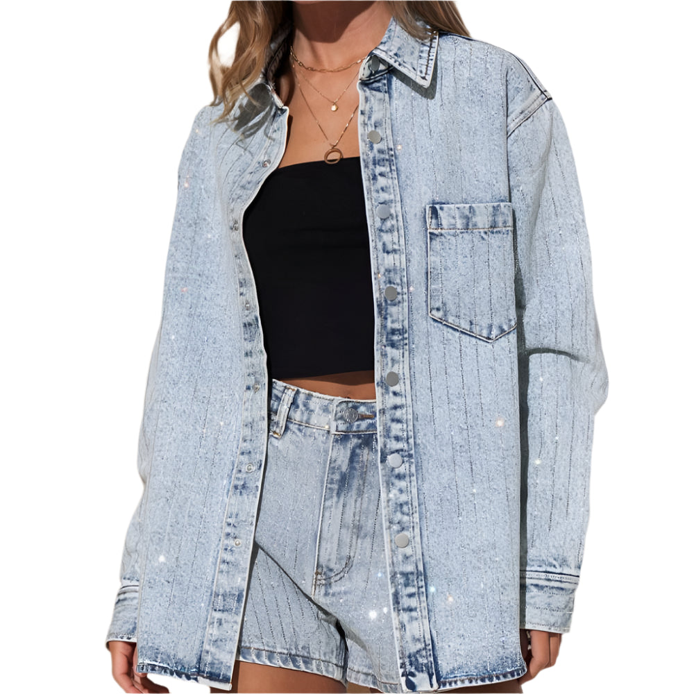 Sparkle Stone Stripe Denim Shirt Jacket WOMEN - Clothing - Tops - Long Sleeved Blue B