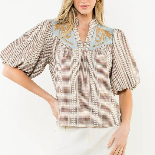 Puff Sleeve Gingham Top WOMEN - Clothing - Tops - Short Sleeved THML Clothing