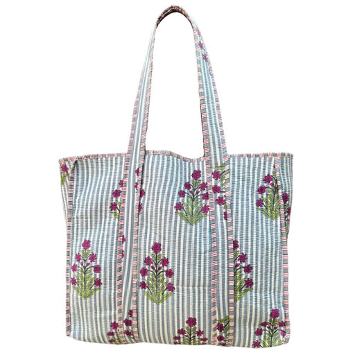 Quilted Cotton Tote - Blue Stripe/Purple Flower WOMEN - Accessories - Handbags - Tote Bags Bhawana Handicrafts
