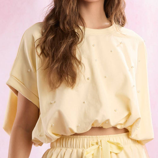 Terry Cropped Bubble Hem Top WOMEN - Clothing - Tops - Short Sleeved Peach Love California