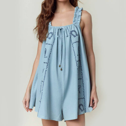 Western Embroidery Ruffle Strap Romper WOMEN - Clothing - Dresses Peach Love California