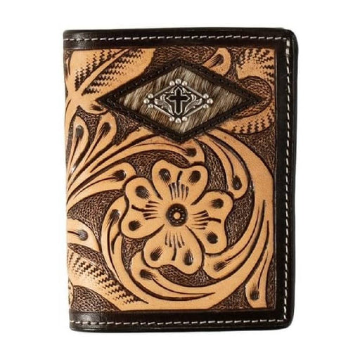 3D Tooled Floral Diamond Calf Hair Trifold Walet MEN - Accessories - Wallets & Money Clips M&F Western Products