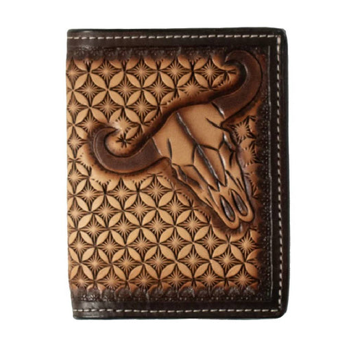 3D Tooled Cow Skull Stained Edge Trifold Wallet MEN - Accessories - Wallets & Money Clips M&F Western Products