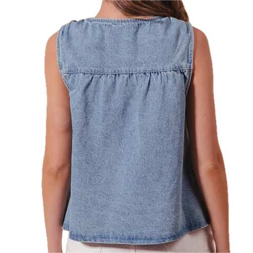 Denim Ruched Sleeveless Top - Light Denim WOMEN - Clothing - Tops - Sleeveless So Me