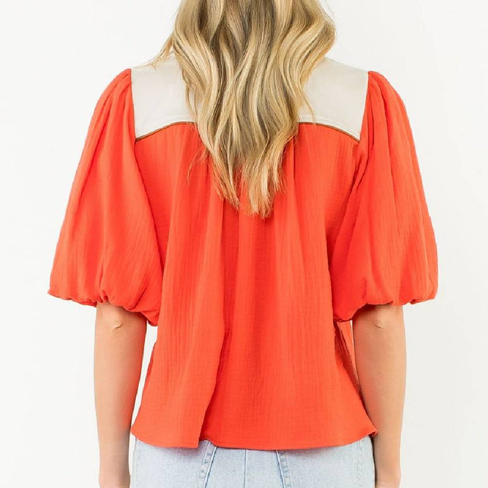 Puff Sleeve Embroidered Top - Orange WOMEN - Clothing - Tops - Short Sleeved THML Clothing
