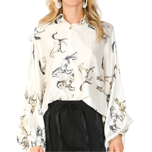 Horse Painted Satin Blouse - Ivory WOMEN - Clothing - Tops - Long Sleeved Beulah Style